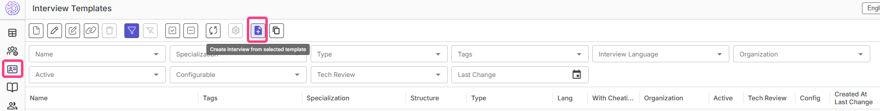 Interview templates page with table, toolbar, and filters