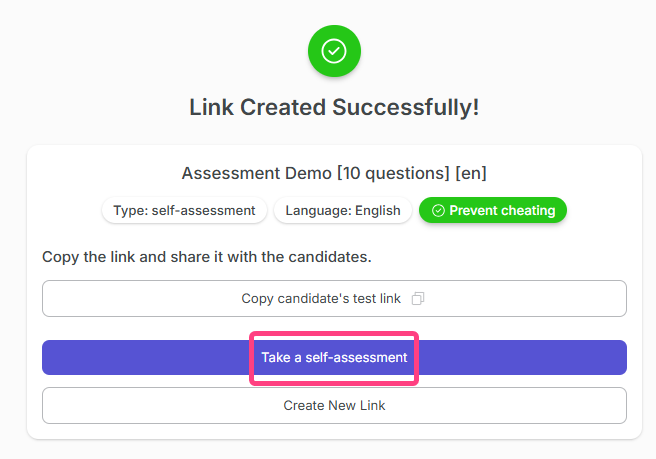 Create Self-Assessment from template: generate link