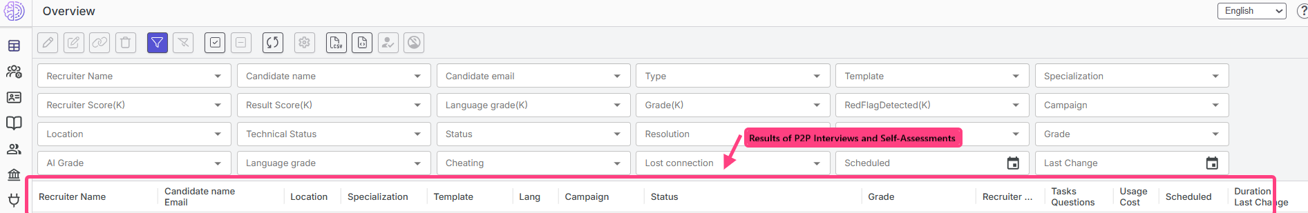 Interview table on the Overview page