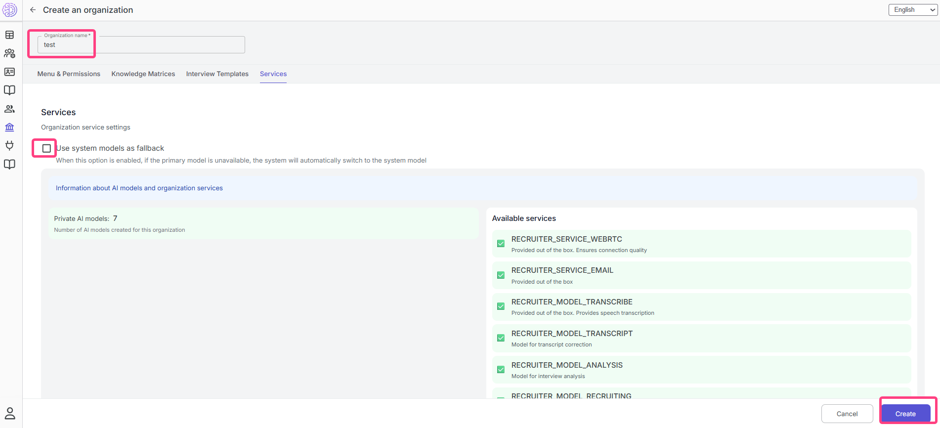 Form for creating a new organization
