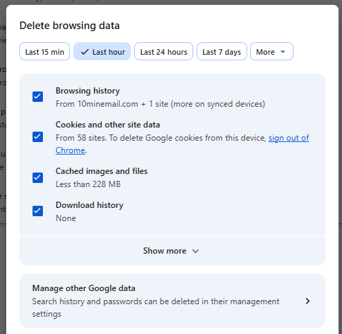 Clear browsing data window in Google Chrome