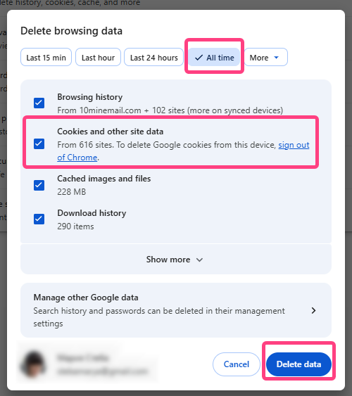 Delete cookies and cache in Google Chrome