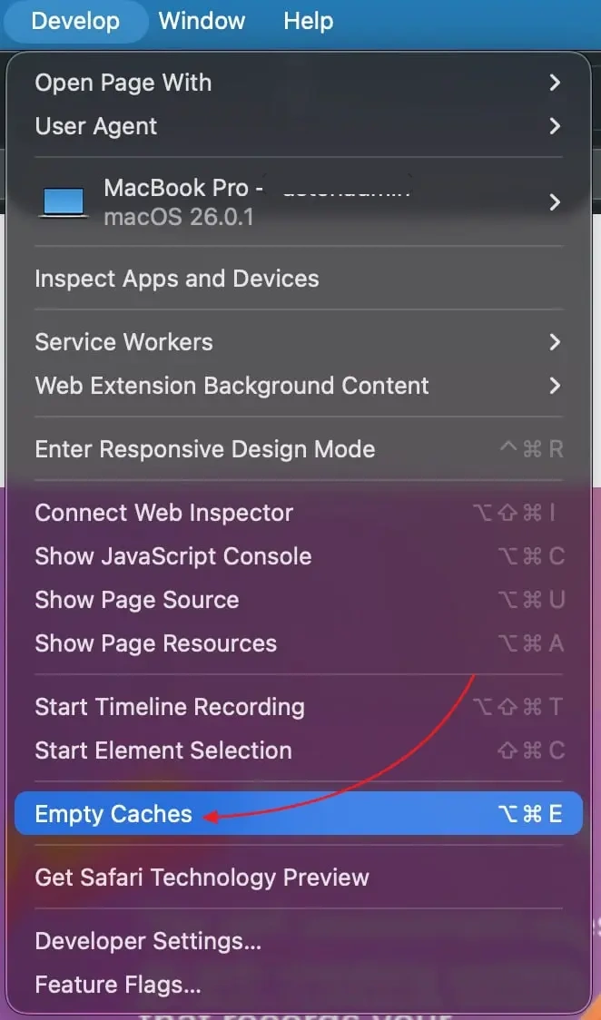 Clear cache from the Develop menu in Safari