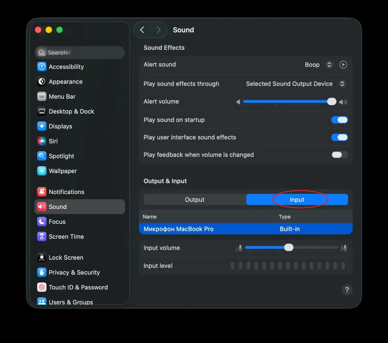 macOS: open sound settings on the Input tab