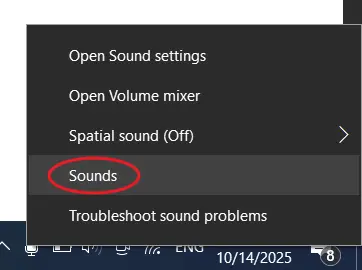 Windows 10: open the Sounds dialog from the taskbar
