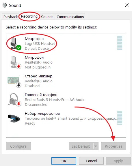 Windows 10: open microphone properties on the Recording tab