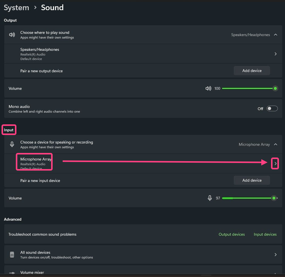 Windows 11: select the microphone in input settings