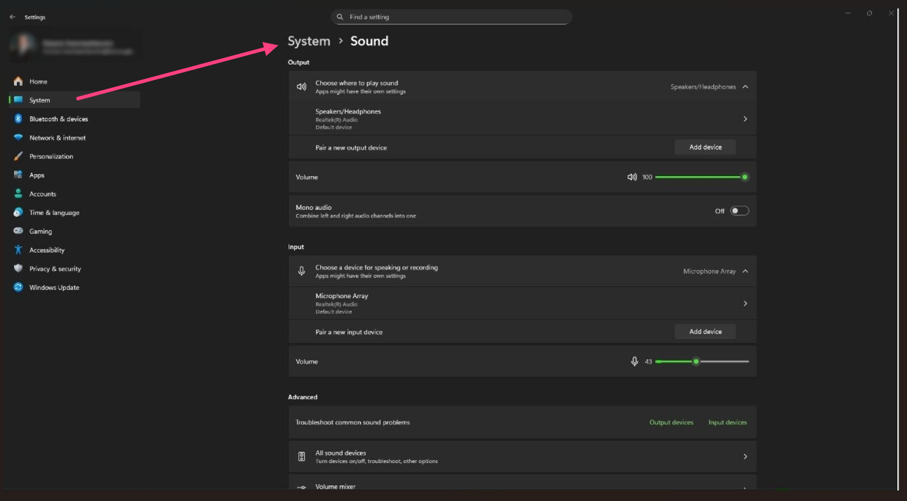 Windows 11: open system sound settings
