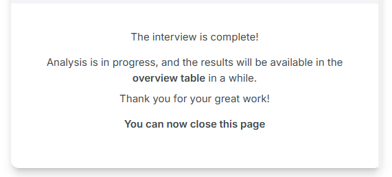 Final confirmation window after finishing the interview