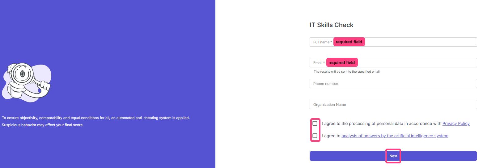 Form for entering personal data and consents before the test